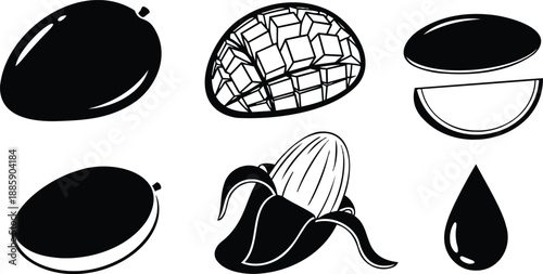 Line art vector set of mango whole sliced diced seed peeled and juice droplet icons top view isolated black and white minimal flat design bold outline