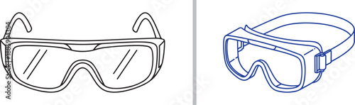 Two minimalist line art icons of protective safety eyewear, featuring classic goggles and a wrap-around mask style, ideal for industrial safety, laboratory work, and medical protection themes.