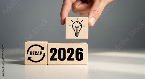 A hand placing a wooden block with a lightbulb symbol above blocks with recap and 2026 text