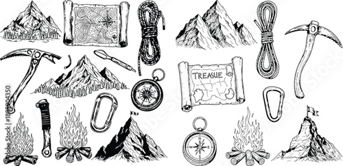 Hand drawn mountain climbing and outdoor adventure elements including tools, maps, and rugged landscapes