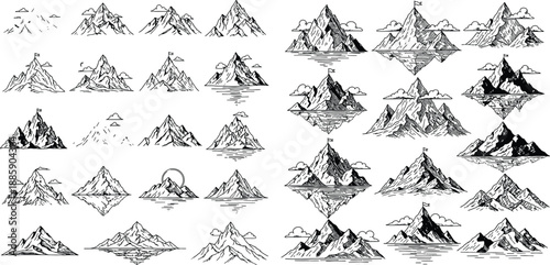 Hand drawn mountain peak collection with flag symbols and cloud elements featuring various compositions