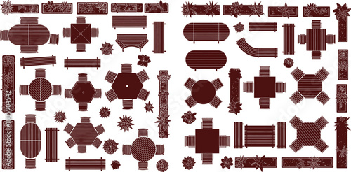 Overhead plan view of diverse outdoor furniture and potted plants for landscape architectural layouts