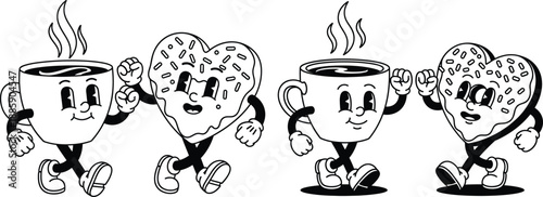 Playful cartoon coffee cup and heart donut characters walking together in retro style