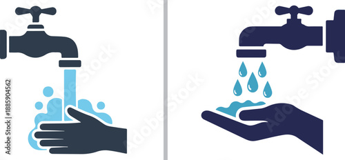 A dual-panel vector graphic illustrating hand hygiene, featuring a silhouette of a hand being washed under a running faucet with soap bubbles and a steady stream of water.