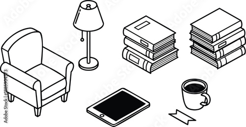 Isometric line art cozy reading nook setup with upholstered armchair lamp stacked books tablet coffee mug ribbon bookmark low angle perspective clean black outline minimalist