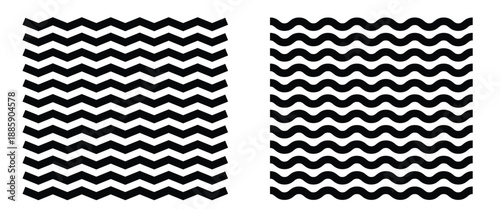 Regular black and white zigzag pattern. Seamless zig zag line texture abstract geometry background. Wave line and wavy zigzag lines. Set of various black wavy and zigzag lines.