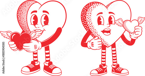 Red heart character with striped legs holds a small winged heart, perfect for Valentines Day themes