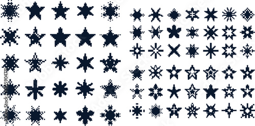 Set of retro pixel art stars featuring diverse point counts and geometric patterns for game assets