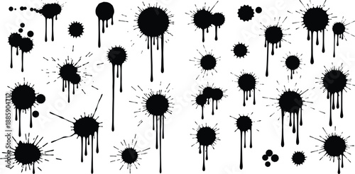 Set of messy black ink blotches and dripping liquid paint splashes showing unique forms and textures