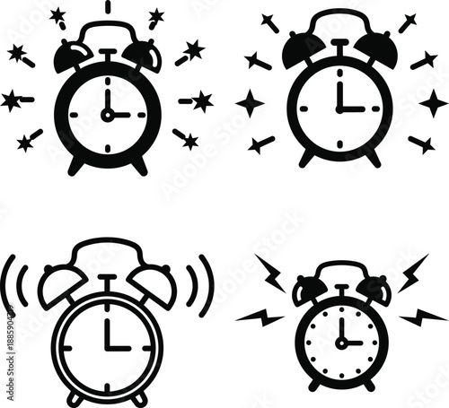 Set of ringing alarm clock icons depicting time, deadlines, and important schedule reminders