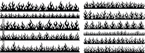 Set of stylized fire flame borders in silhouette, ideal for creating decorative elements and fiery accents