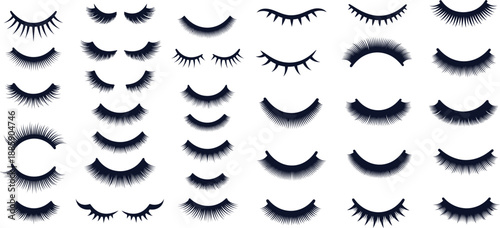 Set of various closed eye designs with long eyelashes showing different styles and shapes for beauty concepts