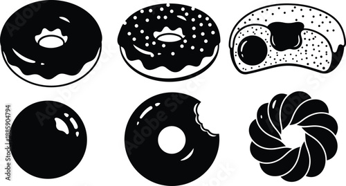 Minimalist black and white vector donuts and pastries set top view one bitten glazed donut jam filled pastry swirl cookie flat design isolated icons collection outline