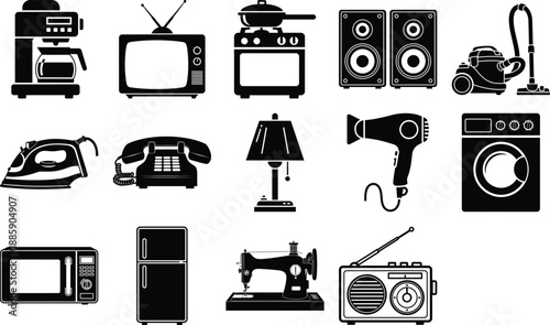 Variety of common domestic equipment and electronic device vector icons for everyday home interiors
