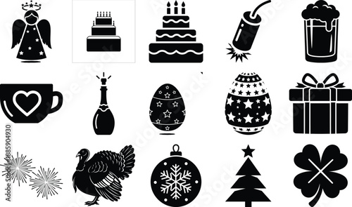 Variety of festive icons featuring holiday celebrations, seasonal decorations, traditional food, and good luck charms