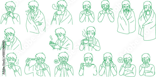 Various health conditions and sickness symptoms affecting a person shown in simple outline vector graphics