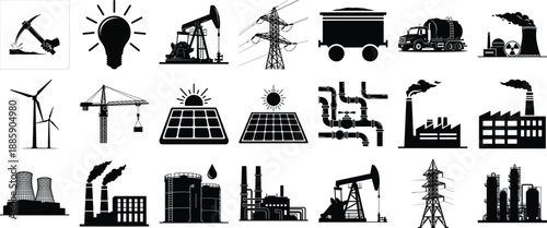Various industry vector icons representing power generation, manufacturing facilities, oil extraction, and transportation