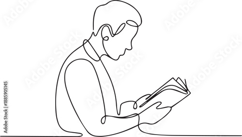 Man reading book in quiet contemplation, line art illustration