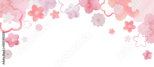 桜のヘッダー Watercolor cherry blossom header background. Hand-painted pink sakura floral frame with copy space for spring design.