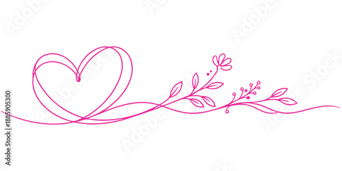Elegant pink heart vector design featuring a floral ornament and ribbon decoration for a romantic Valentine wedding card illustration with beauty patterns and spring art elements