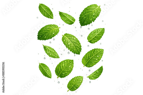 Fresh mint leaves with water drops falling, floating and scattering refreshing green herb elements, transparent background