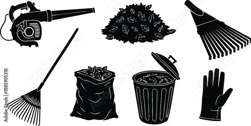 Flat design leaf blower rake and leaf pile with garden glove trash bag and open bin top view simple black silhouette looking down low angle cleaning