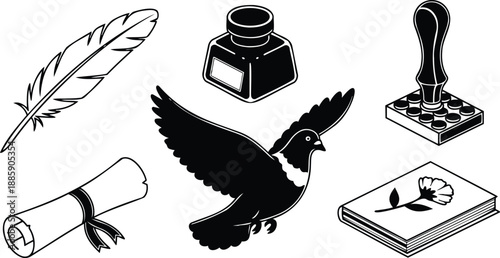 Minimalist line art top view dove flying with outstretched wings quill feather ink bottle wax seal stamp rolled parchment floral memorial book black white vector icons