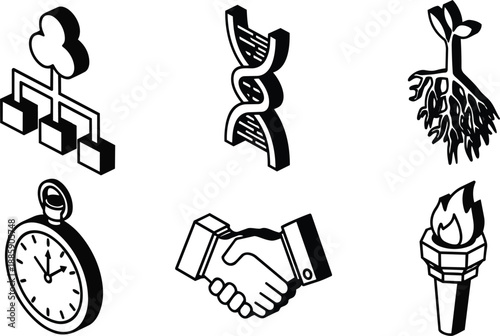 Isometric vector icon set showing angled network cloud dna seedling pocket watch handshake and torch symbols with bold outline and slight perspective three quarter view monochrome