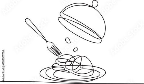 Continuous line drawing of a plate with food being served and a fork