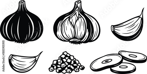 Line art close up garlic bulb and separated cloves with sliced rings and diced pile top view simple black and white vector engraving illustration minimalist bold