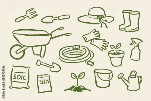 Gardening tools hand drawn doodle set vector illustration