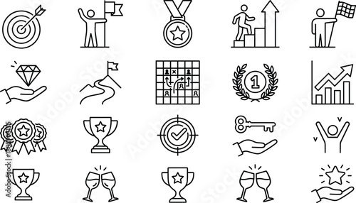 Achievement and success icon set, goal setting visuals, motivation symbols, recognition graphics, business growth, leadership, reward, minimal design