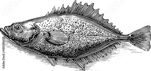Flatfish anatomical study engraving from 19th century vintage collection