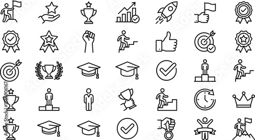 Achievement icons set, success symbols, trophy medal crown, graduation cap podium, rocket launch target, personal growth, winning recognition, motivation