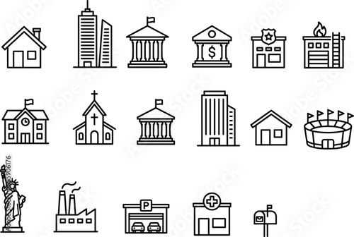 Building and structure icon set, civic architecture, public facilities, urban planning visuals, infrastructure symbols, minimal design, government, community