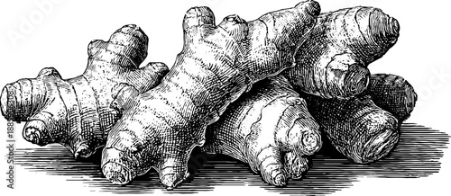 Ginger root vintage botanical engraving from 19th century for culinary and spice designs