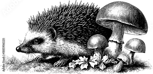 Botanical illustration of hedgehog mushroom and spines with vintage engraving design