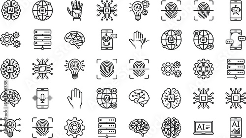 Artificial intelligence icons, AI technology symbols, machine learning graphics, biometric design, chatbot interface, innovation elements, neural network, smart devices, automation, computing