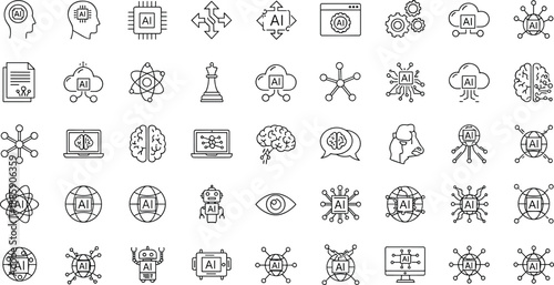 Artificial intelligence icons, machine learning symbols, robotics elements, neural network graphics, AI brain chip, cloud computing, data science, tech interface, automation tools
