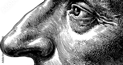 Vintage anatomical illustration of human nose and eye in botanical engraving style