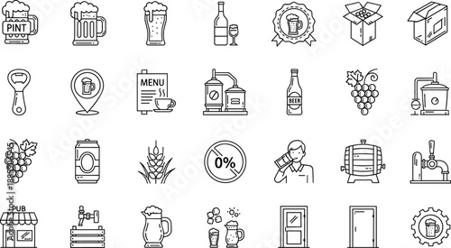 Beer icons, brewing symbols, pub elements, beer mug, bottle, tap, fermentation tank, hops, grapes, alcohol-free, bar, drink, beverage, craft beer, brewing process, beer award, beer can, beer barrel