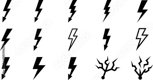 Collection of various lightning bolt icons in black and white