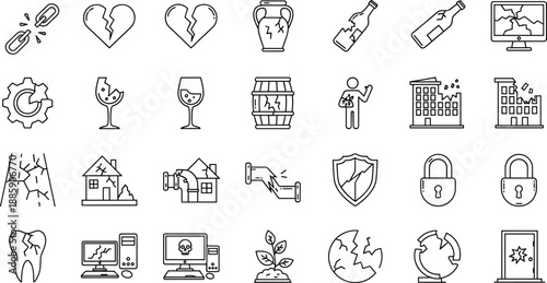 broken, damaged, cracked, malfunction, destruction, failure, shattered, ruined, collapse, fracture, defect, error, glitch, disaster, problem, breakdown, vulnerability, weakness, repair, icon set
