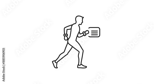 Simple black outline icon illustrating a person running while tracking fitness data or monitoring achievements using a wearable device on the wrist