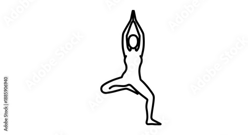 Simple black and white line art icon depicting a person performing the challenging yoga posture known as the Tree Pose variation with hands raised overhead.