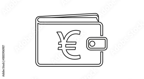 Simple black and white line icon illustrating a closed physical wallet featuring the universally recognized euro currency symbol prominently displayed on the front cover.
