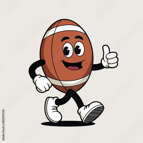 Happy cartoon American football mascot walking and showing a positive thumbs up gesture