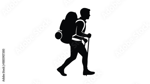 a man hiking with a large backpack and trekking poles silhouette