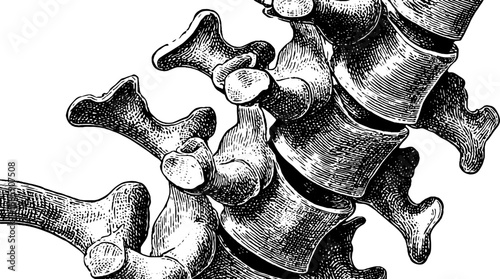 Vintage engraving of human thoracic vertebrae - anatomical spine study for educational design