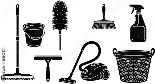 Flat design overhead layout of cleaning tools including mop bucket duster squeegee vacuum brush spray bottle and laundry basket on white background close up simple silhouette